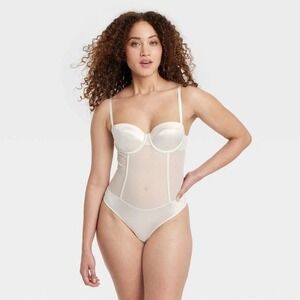 Women's Satin and Mesh Lightly Lined Lingerie Bodysuit - Auden™ Cream XXL